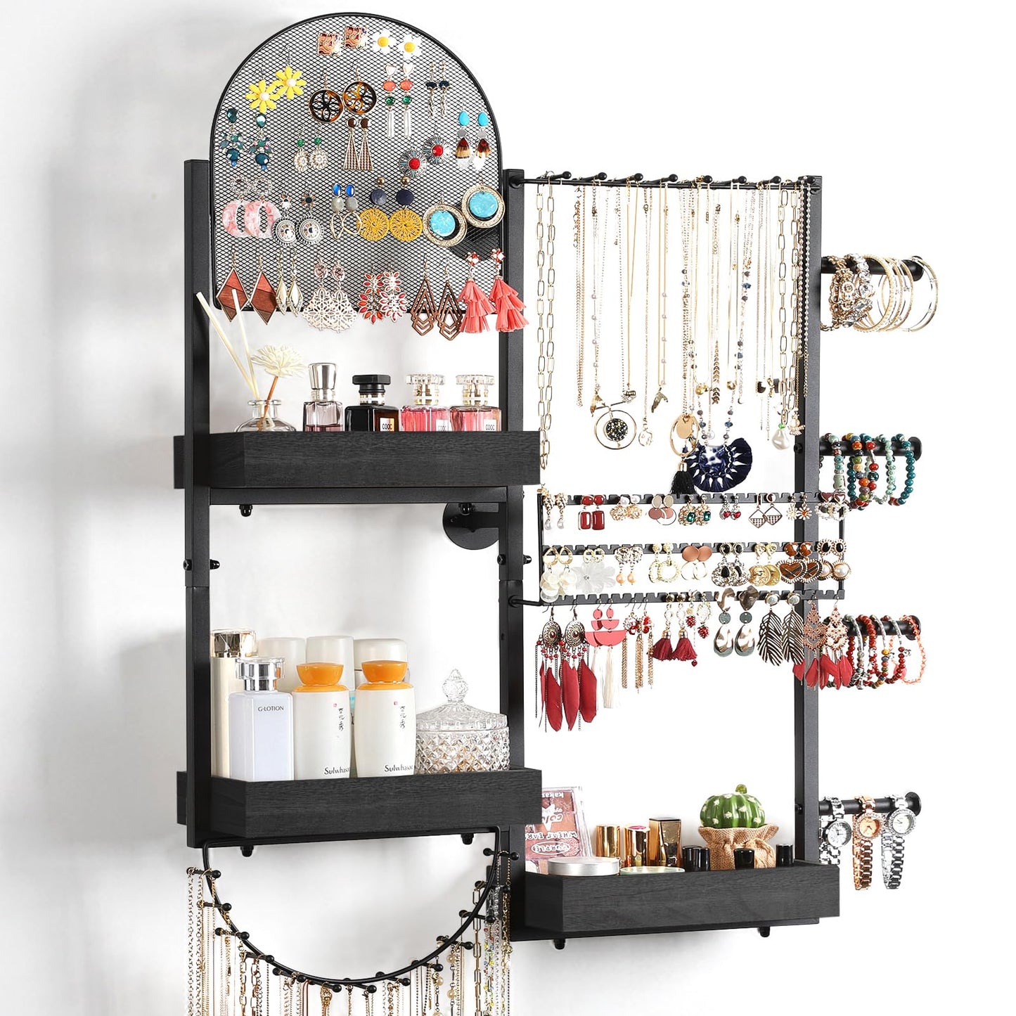 Keebofly Wall Mount Hanging Jewelry Organizer - Large Display Holder for Earrings, Rings, Necklaces, Bracelets, Watches and Perfume - Black