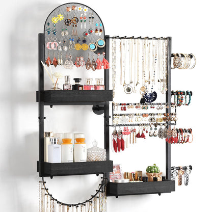 Keebofly Wall Mount Hanging Jewelry Organizer - Large Display Holder for Earrings, Rings, Necklaces, Bracelets, Watches and Perfume - Black