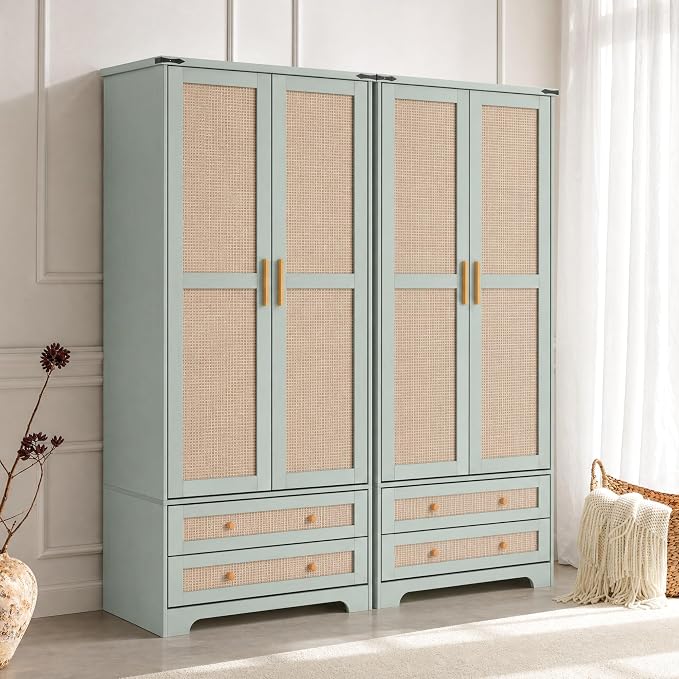 Brafab Armoire Wardrobe Closet with 2 Rattan Doors Set of 2, 71" Vintage Tall Freestanding Coat Closets with Drawers and Hanging Rail, Wooden Armoires Storage Cabinet with Shelf for Bedroom