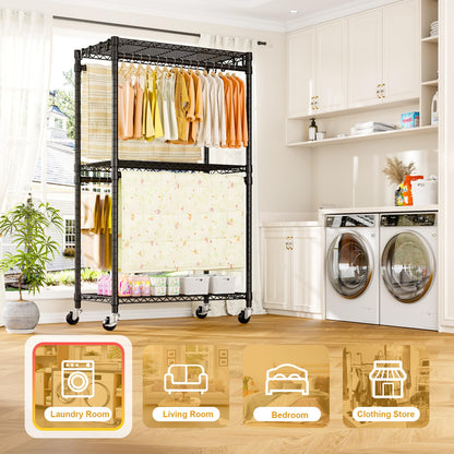ULIFHOME P5 Rolling Clothes Rack Heavy Duty, Clothing Racks for Hanging Clothes, Metal Garment Rack with Wheels, 3-Tier Portable Closet Rack 39.4'' W × 20.5'' D × 80.5'' H, Max Load 650 Lbs, Black