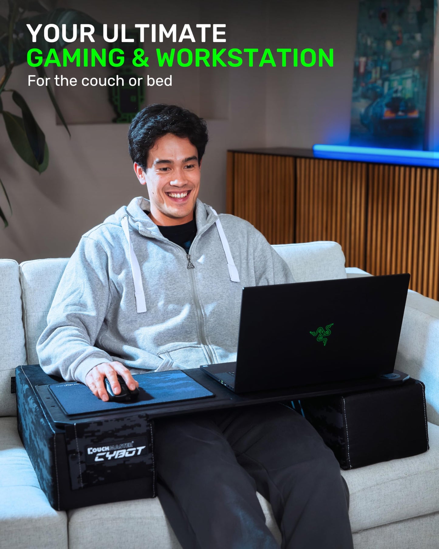 Couchmaster CYBOT, Premium Ergonomic Lap Desk for Notebooks, Sustainable Bamboo Construction, Kevlar Cushion Front, Ventilated Design, Fits Up to 17-Inch Laptops