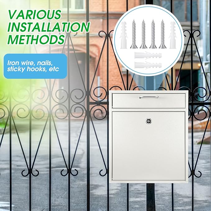 Yaocom Locking Mailbox with Key for Outdoor 12 x 10.5 x 4.7 Inches Large Wall Mount Mail Box with Lock Security Mail Drop Metal Collection Boxes Hanging Secure Postbox(Creamy White)