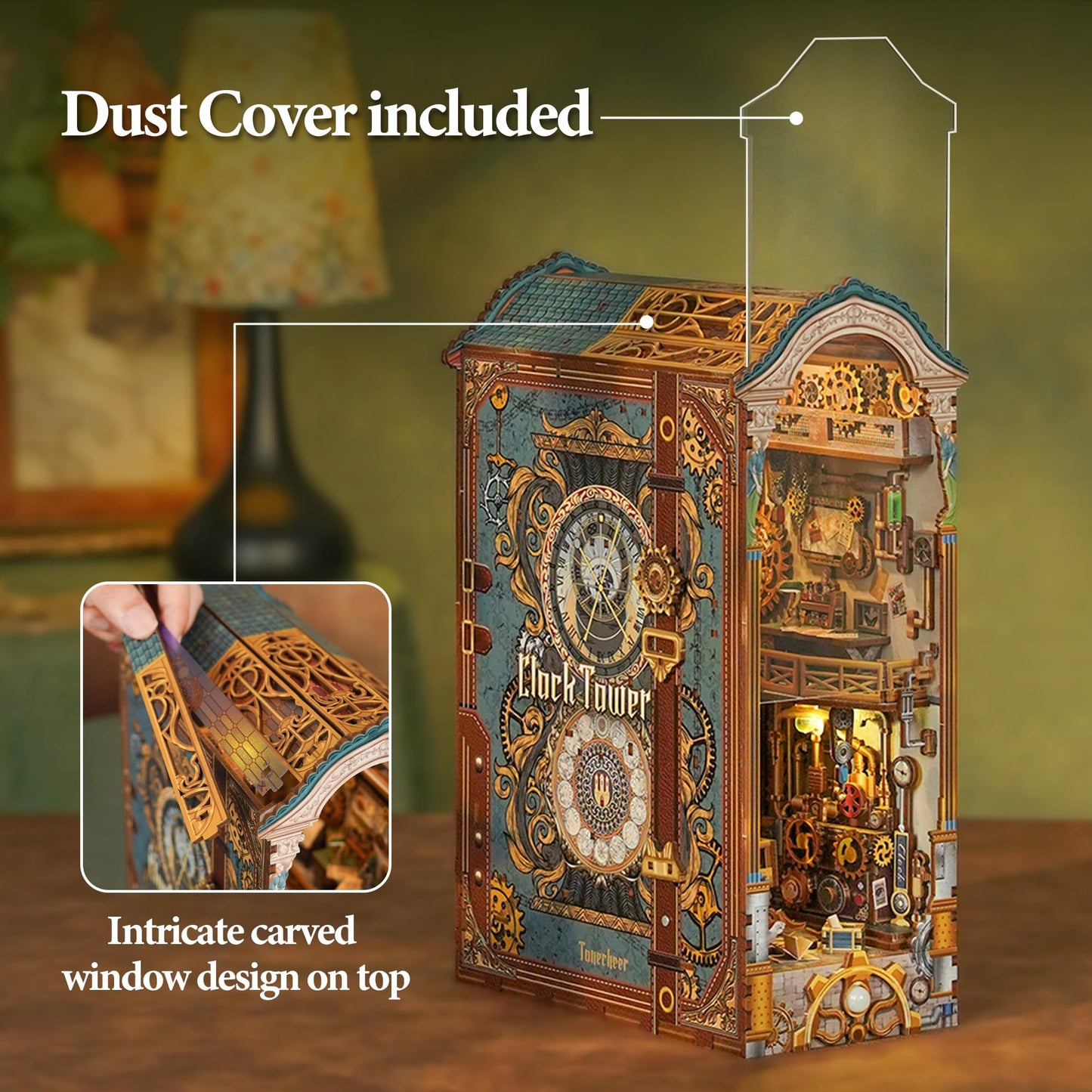 Tonecheer DIY Book Nook Kit for Adults, 3D Wooden Puzzle Bookend Miniature House Kit, Booknook Bookshelf Insert Decor with Dust Cover and LED Lights Gifts (Clock Tower)