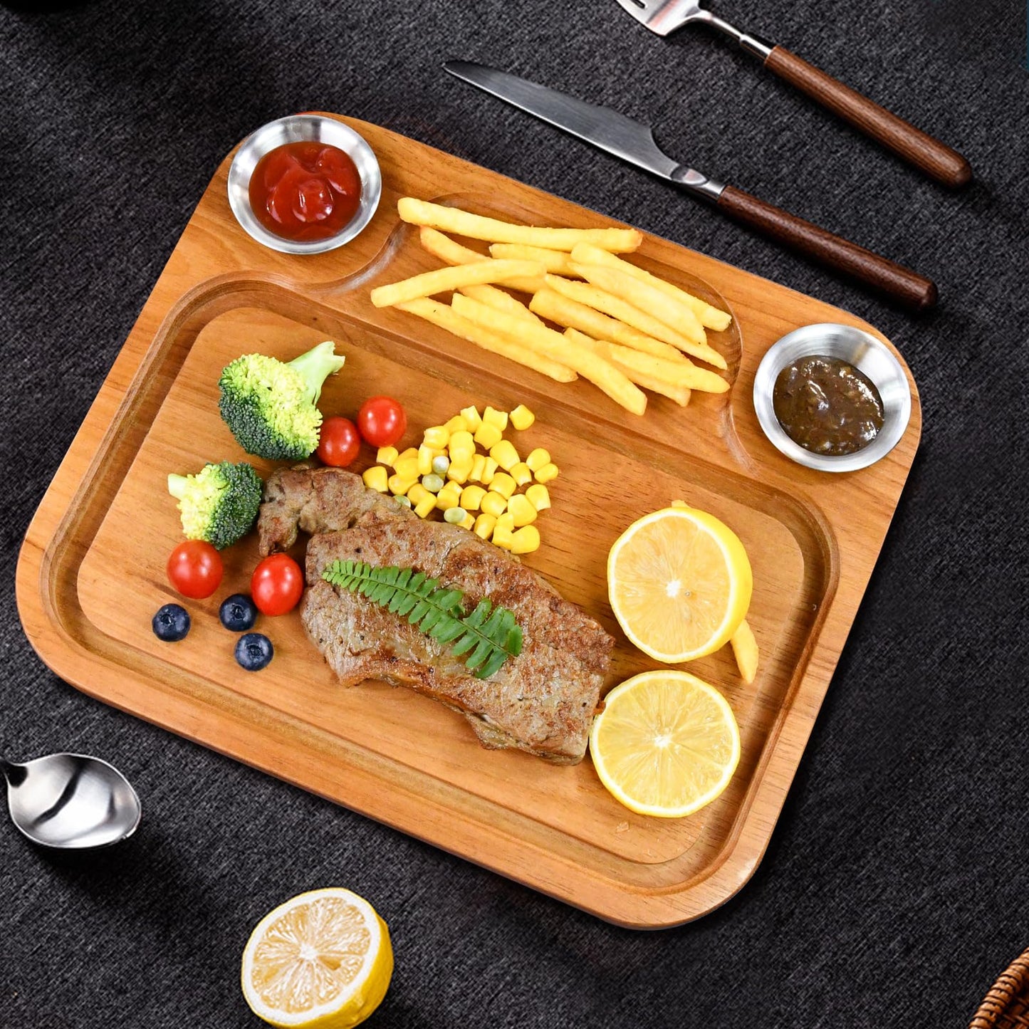 MAVOTER Wooden Steak Plates include 2 Sauce Cups, Wood Steak Board Set Serving Tray for Food Meat Cutting Board with Juice Groove, Charcuterie Board Platter for Home