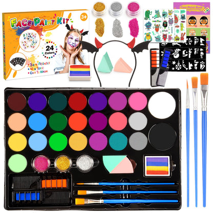 Face Painting Kit for Kids, 24 Colors Water Based Non-Toxic Face Paint with Stencils & Brushes, Professional Body Makeup Set for Halloween, Birthday, Parties with Guide Book Art and Craft Art Supplies