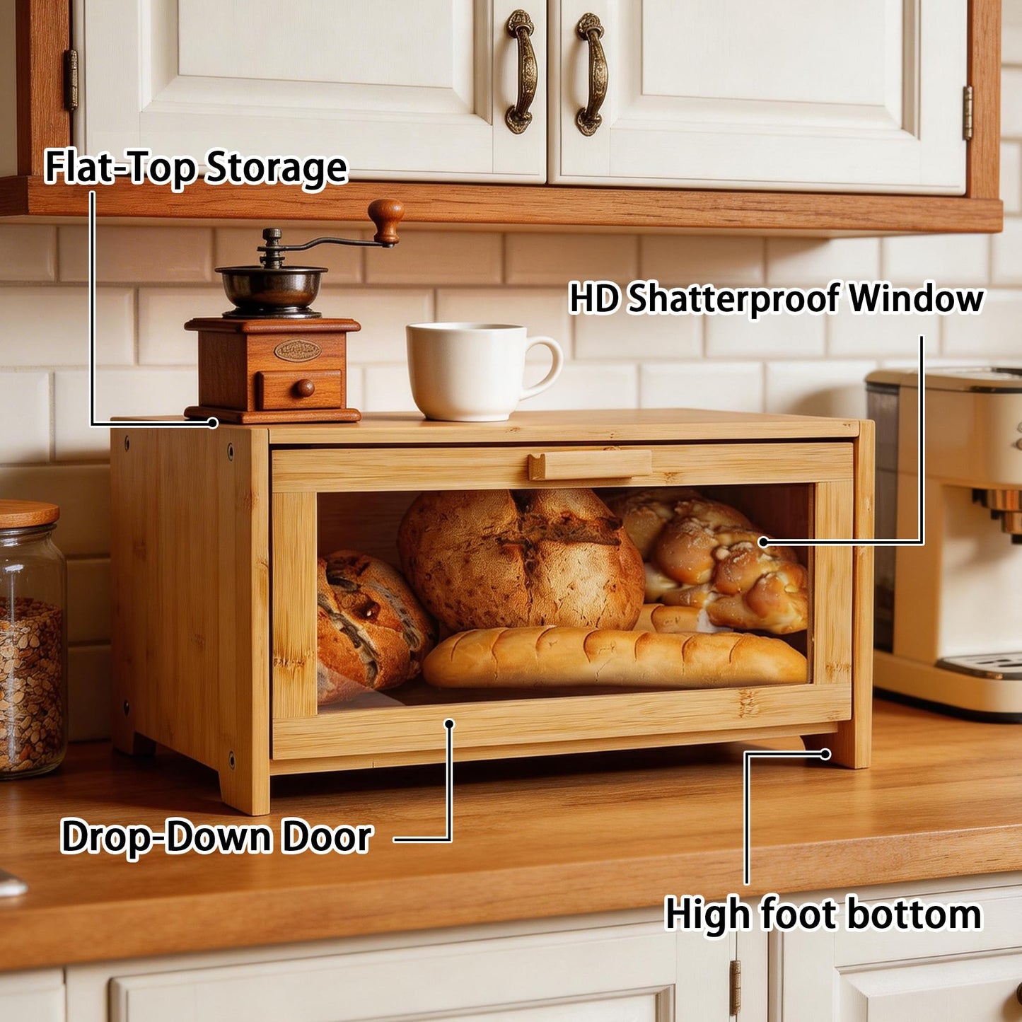 EQEY Bamboo Bread Box for Kitchen Countertop,Large Bread Storage Container with window,Modern Bread Storage Bin for Homemade Bread Organizer (Single Layer)