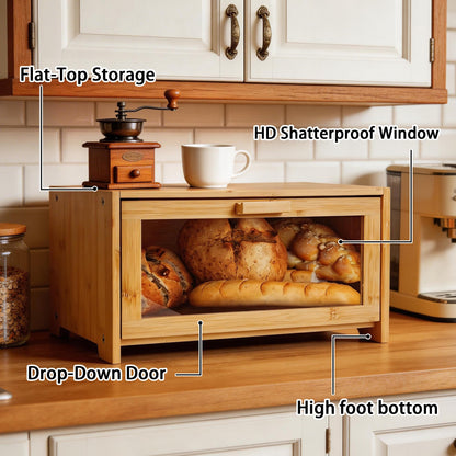 EQEY Bamboo Bread Box for Kitchen Countertop,Large Bread Storage Container with window,Modern Bread Storage Bin for Homemade Bread Organizer (Single Layer)