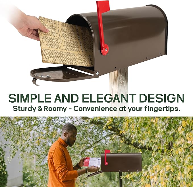 Brown Mailboxes for Outside, RAINHOL Post Mount Mailbox, Galvanized Steel Medium Capacity Mail Boxes, 19 x 8.7 x 6.7 Inches