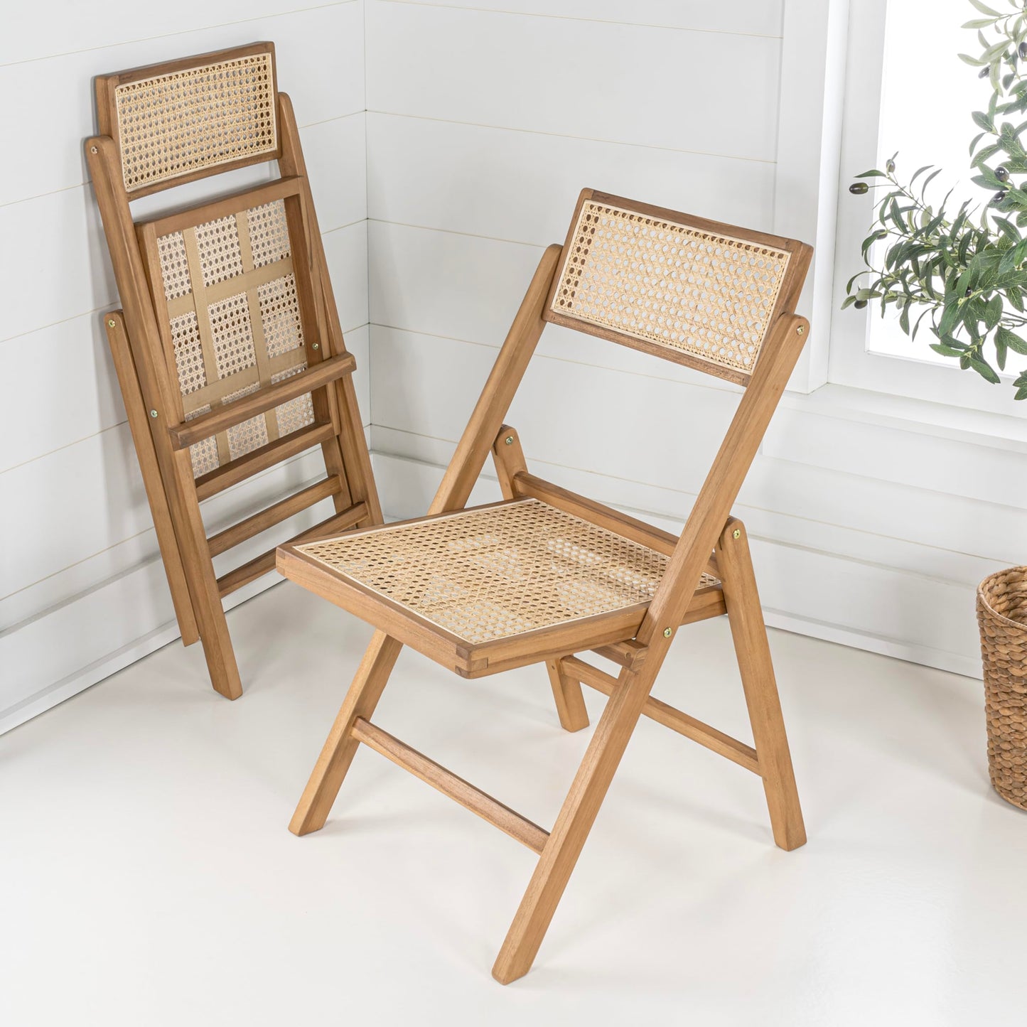 JONATHAN Y Theo Teak Wood and Rattan Folding Chairs Set of 2 for Dining and Living Room, Mid-Century Woven Cane Armless Portable Indoor Accent Seats, Natural Light Brown FLD1000A-SET2
