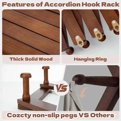 Cozcty Accordion Wall Hanger, Wooden Hat Rack for Wall with 16 Hooks, Expandable Peg Hat Hanger Organizer, Decorative Coat Rack Hanging Baseball Caps, Bags, Scarves (Walnut)