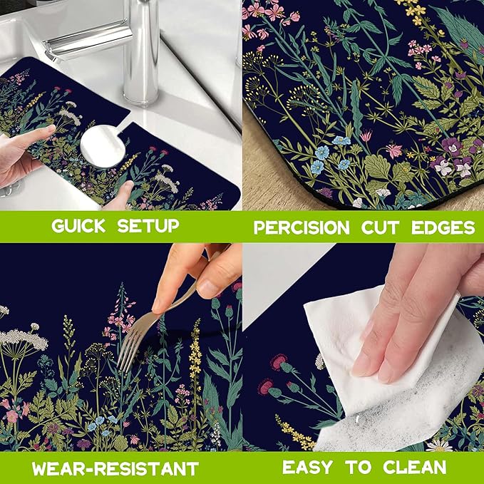 Colorful Herbs and Wild Flowers Kitchen Sink Splash Guard Faucet Mat Super