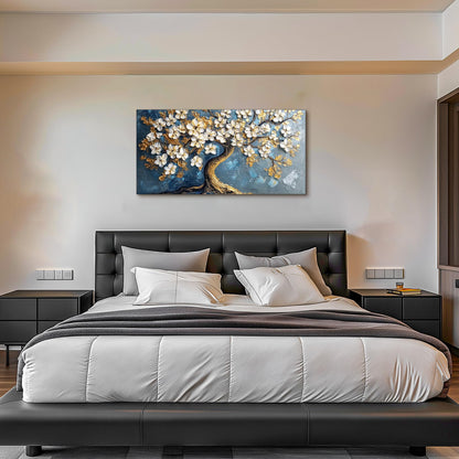 SERIMINO Tree of Life Large Canvas Wall Art, Abstract Gold Tree Modern Office Decorations, Nature White Floral Artwork for Walls, Navy Blue Pictures Wall Decor Living Room Bedroom Art Prints 20"X40"