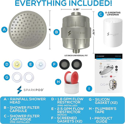 SparkPod 23-Stage Filtered Shower Head, 8" Round, Brushed Nickel | Filtered Shower Head for Hard Water Filter, High Pressure, Reduces Chlorine, Heavy Metals, For Dry Skin & Hair
