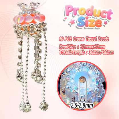 10pcs Rhinestone Focal Beads for Pens, Sparkling Crystal Crown-Shaped Designs with Tassels, Fancy Beads for DIY Jewelry Making Keychains Crafts Holiday Decorations