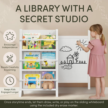 OurNest Kids/Baby Bookshelf Magnetic Sliding Whiteboard & Markers H-31–Three Tier Front-Facing Wooden Toddler for Reading, Creativity & Montessori–Nursery, Playroom & Classroom– Easy Assembly.
