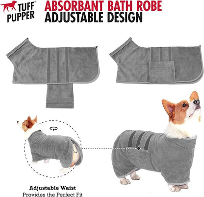 Tuff Pupper Fast Drying Dog Bath Robe | 800 GSM Plush Dog Towel Bathrobe/Dressing Gown | Super Absorbent Pet/Puppy Bathrobe | Adjustable Hood & Belly Strap | Super Soft | Fast Drying (XS, Gray)