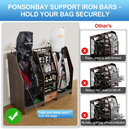 Ponsonbay Golf Bag Storage Organizer for Garage, Premium Wooden 2 Golf Bags Rack with Drawer, Easy Assemble Golf Club Stand/Holder Suitable for Garage Home Simulator and Office