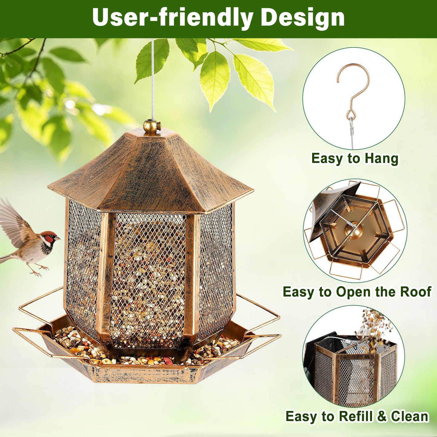 Bird Feeder, Heavy Duty Metal Bird Feeders for Outdoors Hanging, Weather Resistant Wild Bird Feeders for Outside Garden Yard, 3.5LB Seed Capacity, Hexagon Gazebo Style