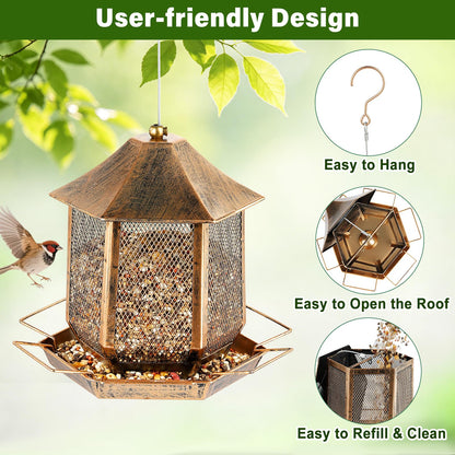 Bird Feeder, Heavy Duty Metal Bird Feeders for Outdoors Hanging, Weather Resistant Wild Bird Feeders for Outside Garden Yard, 3.5LB Seed Capacity, Hexagon Gazebo Style