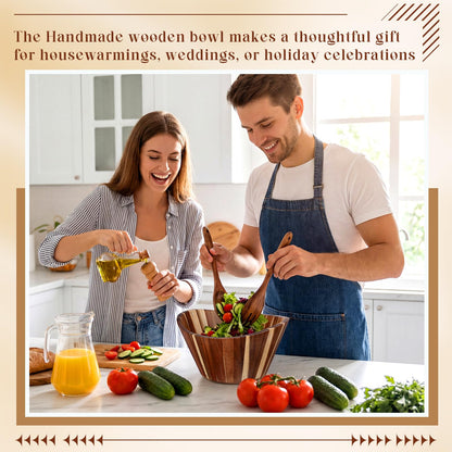 LemonRoad Wooden Salad Bowls Set 12 inch Wavy Large Acacia Wood Serving Bowl with 2 Wooden Hands 2 Utensils Fork Spoon for Fruit, Salad, Cereal, Corn flake, Pasta, Food (Wavy)