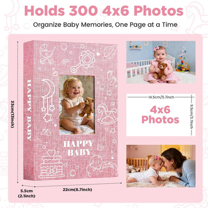 Yatosally Baby Photo Album 4x6 300 Pockets with Memo Area, Photo Stickers & Hand and Footprint Kit, Linen Cover Baby Memory Book with Front Window, First Year Keepsake for Newborn Boy Girl