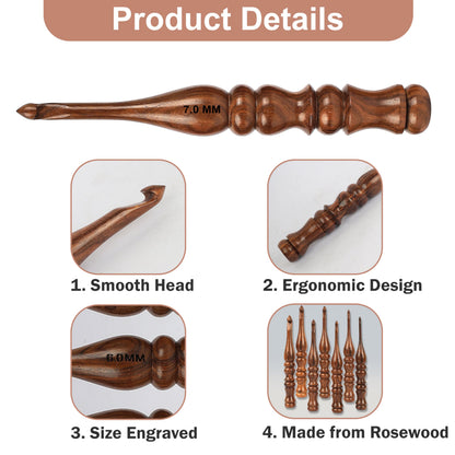 PIEWOOD - Wooden Crochet Hooks, Set of 7 Crochet Hooks Ergonomic Soft Grip Handle, Crochet Hooks for Crocheting Yarn, Knitting Gift for Her (Set of 7)