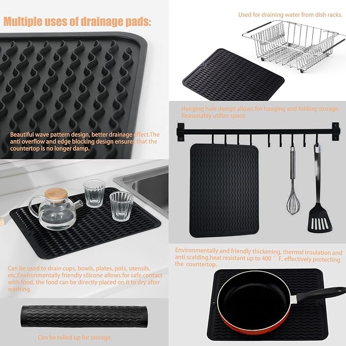 NiuYichee Stainless Steel Dish Drying Rack(15"L X 11"W X 4.1"H), Expandable Fruit & Vegetable Drain Rack over Sink, Dish Drainer Rack in Sink, with Stainless Steel Utensil Holder & Silicone Mat(16")