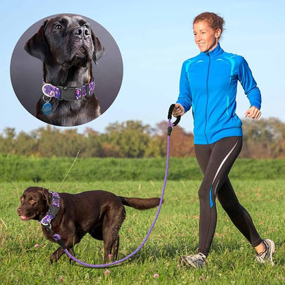 Ladoogo Reflective Dog Collar Padded with Soft Neoprene Breathable Adjustable Nylon Dog Collars for Small Medium Large Dogs (Large (Pack of 1), Purple/Pink Floral Collar+Leash)