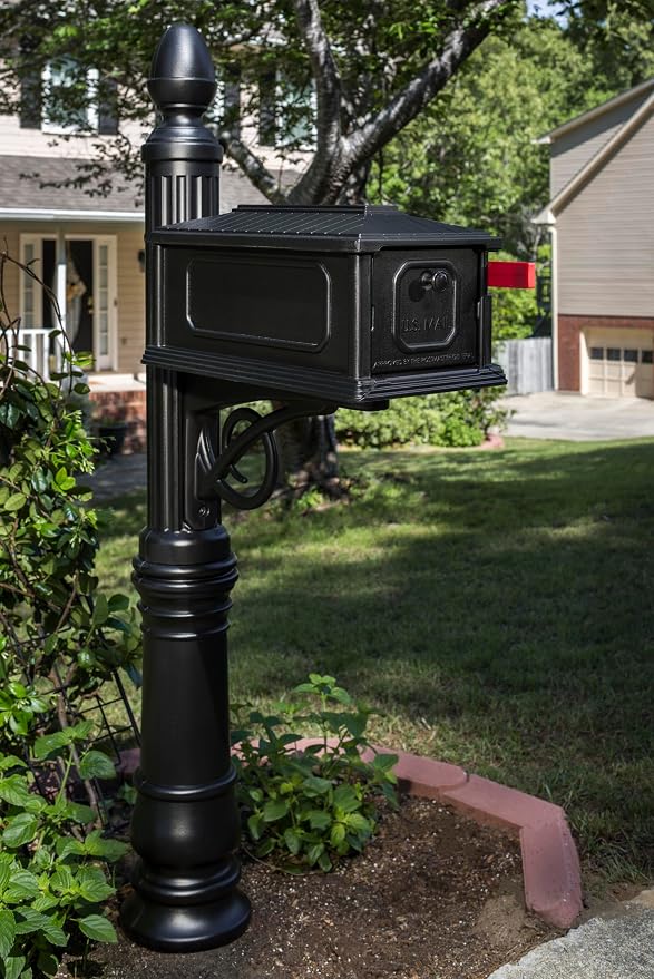 Architectural Mailboxes Stratford Plastic Mailbox and Post Kit, SC000BAM, Black, Medium Capacity | Includes the matching post and all hardware. Durable plastic build with weather-resistant outdoor construction. USPS approved