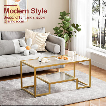 Wolawu Coffee Table Gold Glass Coffee Table for Living Room,2 Tiers Rectangle Center Table with Ribbed Glass Top and Sturdy Metal Frame,Modern Glass Accent Table for Bedroom Home Office