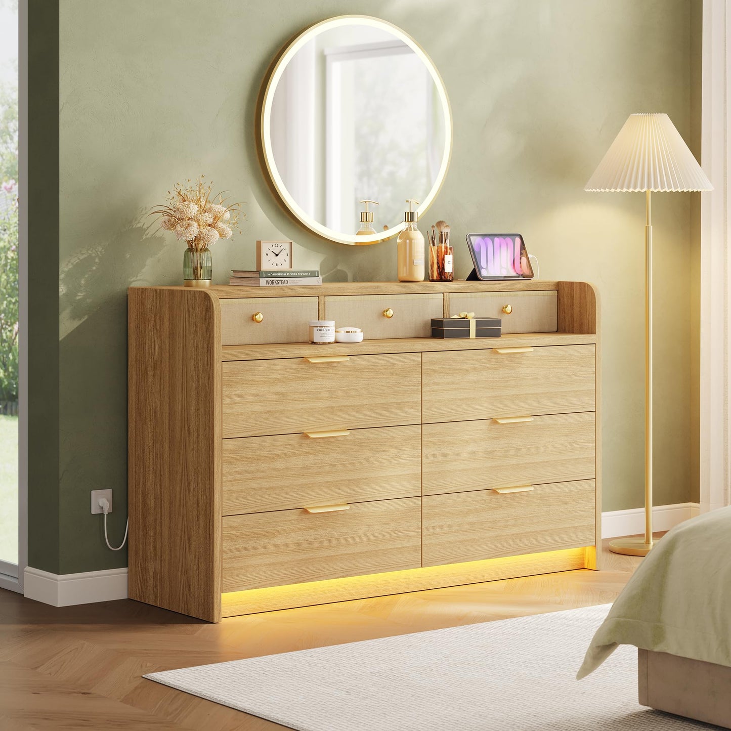 MapleGrace 53'' Wide 9 Drawer Dresser for Bedroom, Wood TV Stand Dresser with Power Outlets & LED Light, Chest of Drawers Closet Store Organizer for Living Room, Hallway, Light Oak