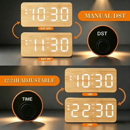 URAYCO Wood Digital Alarm Clock with 10W Fast Wireless Charger, USB Charging Ports, DST, Dimmable, Snooze, Large Number LED Display for Bedrooms, Desk, Living Room Table, Bedside, Nightstand (Bamboo)