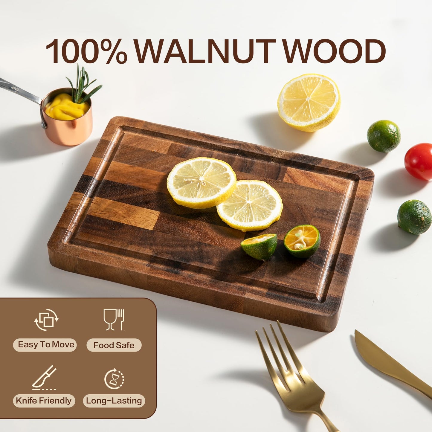 FYCTIO Walnut Wood Cutting Board, Small End Grain Cutting Boards for Kitchen, Compact Size, Lightweight & Durable for Cheese and Small Prep, 9"x6"x0.8"