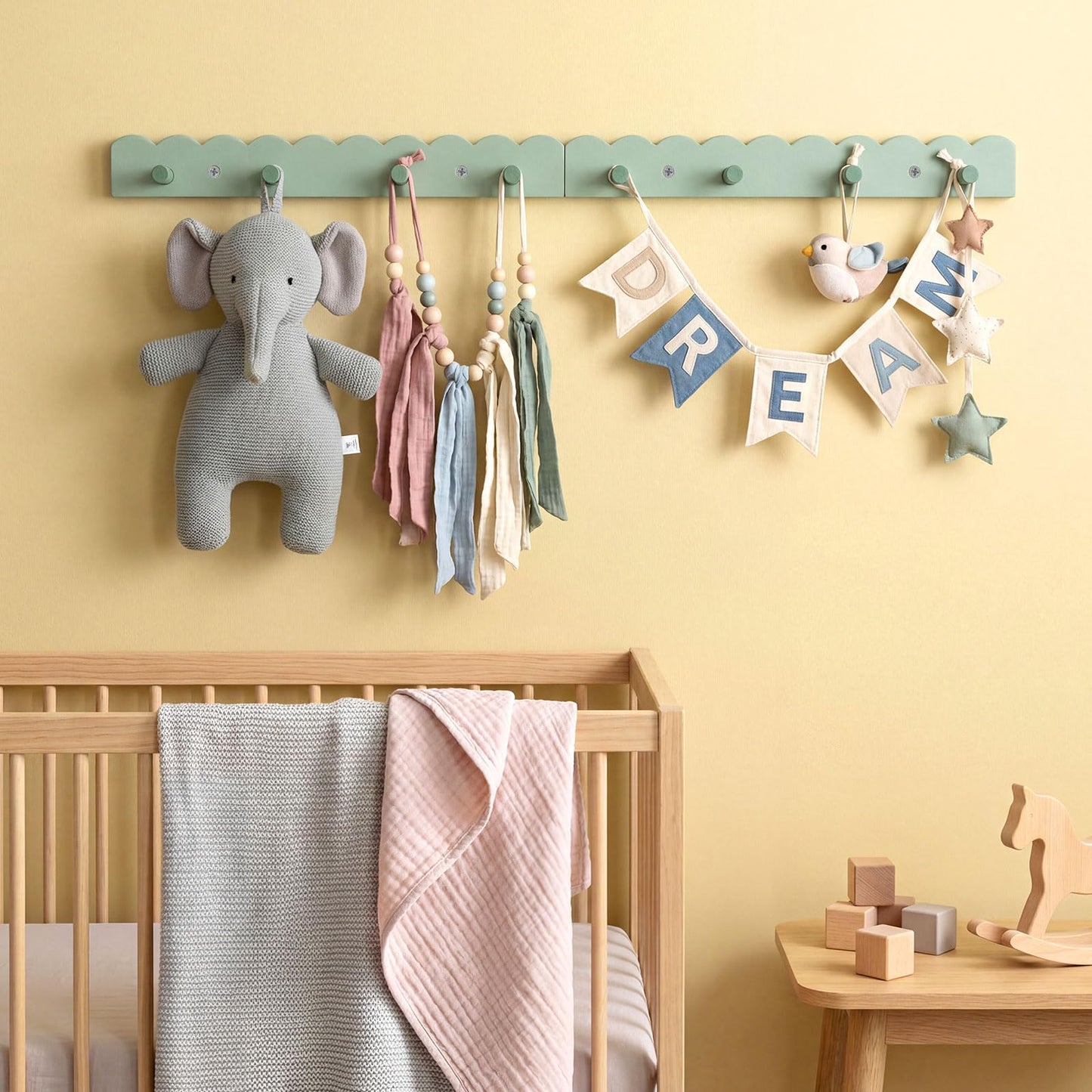 Leinuosen 2 Pack Scalloped Coat Rack Wall Mount Cute Nursery Wall Hook 16 Inch 8 Hooks Wooden Backpack Hanger for Toddler Kids Clothes Hat Towel Keys Bathroom Classroom Playroom Nursery Decor