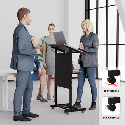 Portable Podium with 7 Adjustable Heights,Podium Stand with Shelf and Cup Holder,Lectern for Seminars,Schools and Conferences (Black)