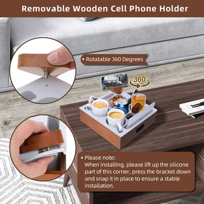 Hanaoyo Couch Cup Holder Tray, Soft Silicone Wooden Couch Caddy with Carrying Handle, Sofa Cup Holder for Bed Car Beach Organizer, Anti-Spill Sofa Cup Holder for Snacks Beverage Remote (Brown)