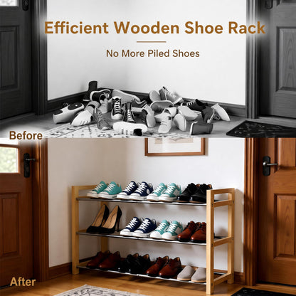 THENNIKIGO Shoe Rack Wooden, Oak Expandable Shoe Organizer, 3-Tier Stainless Steel Shoe Shelf, 17.7“-31.4” Shoe Storage 6-12 Pairs, for Closet, Garage, Narrow Spaces, Entryway, Door Entrance