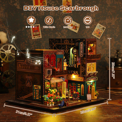 Hallisun DIY Miniature House Building Kits, Scarborough Hotel and Bear Restaurant 3D Wooden Dollhouse Toys, Birthday Christmas Festival Gift for Teens Adults