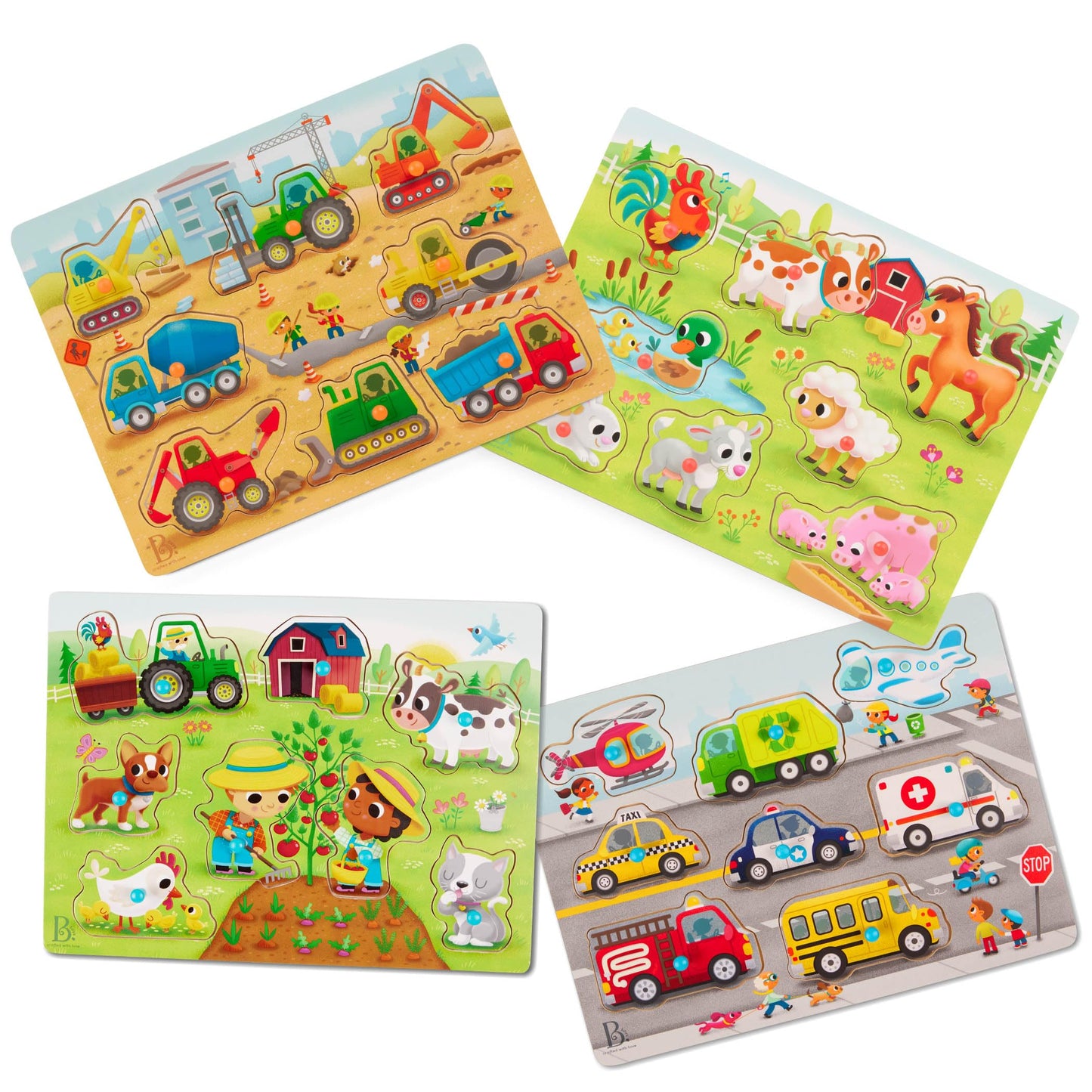 B. toys – Peek & Explore Puzzle 4-Pack – Wood Toys for Toddlers, Kids – 8 Pieces Each – Vehicles, Trucks, Animals, Barnyard – 2+ Years
