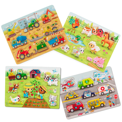 B. toys – Peek & Explore Puzzle 4-Pack – Wood Toys for Toddlers, Kids – 8 Pieces Each – Vehicles, Trucks, Animals, Barnyard – 2+ Years