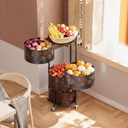 JAQ No Assembly Kitchen Storage Cart with Wheels, 4-Tier Rotating Vegetable & Onion Storage Rack, Metal Produce Organizer for Potato, Fruit and Pantry, Black