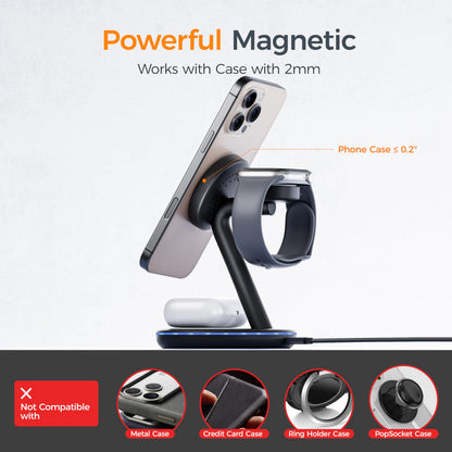 TESSAN 3 in 1 Charging Station Compatible with MagSafe, Magnetic Wireless Charger Stand for iPhone 17/16/15/14/13 Series, Charging Dock for Apple Watch & AirPods, Includes Cable and 20W Adapter