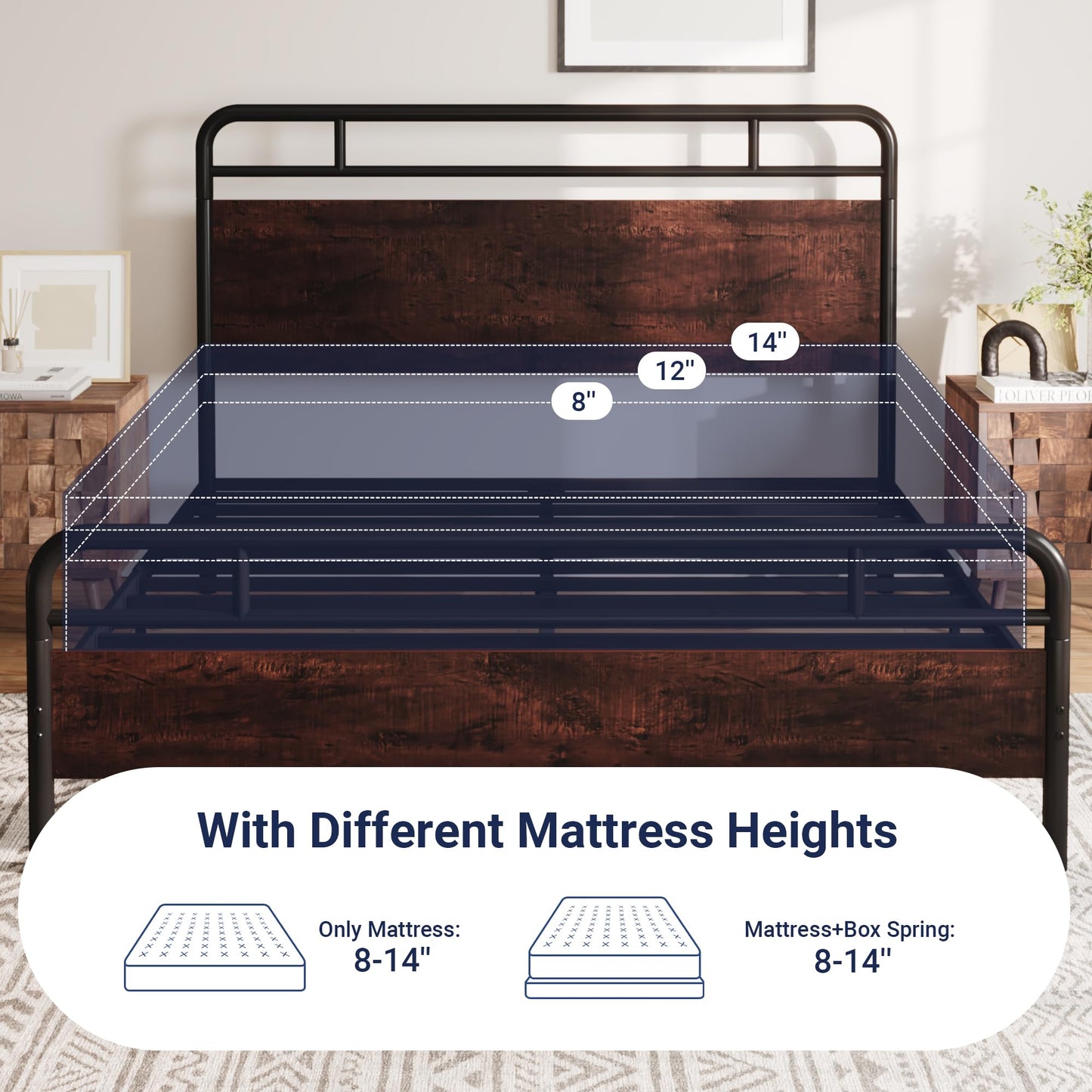 Allewie Queen Size Platform Bed Frame with Wooden Headboard and Footboard, Heavy Duty 13 Metal Slats Support, Under-Bed Storage, No Box Spring Needed, Noise Free, Easy Assembly, Mahogany