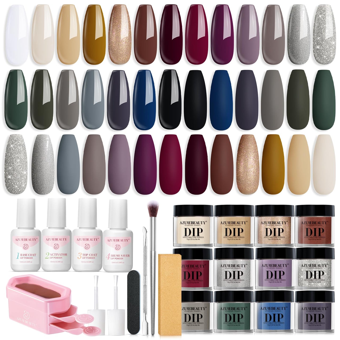 AZUREBEAUTY 31 Pcs Dip Powder Nail Kit 20 Colors Glitter Nude Brown Pink White Gray Dip Powder Liquid Set with Top/Base Coat Activator for French Nails Art Manicure DIY Salon Women Valentine's Gift