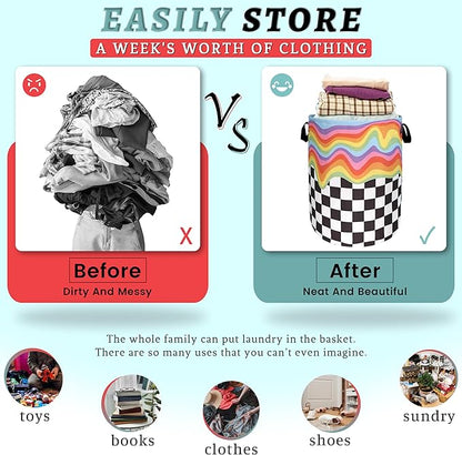 Rainbow Grey White Plaid Laundry Hamper Colorful Hippie Funny Laundry Basket