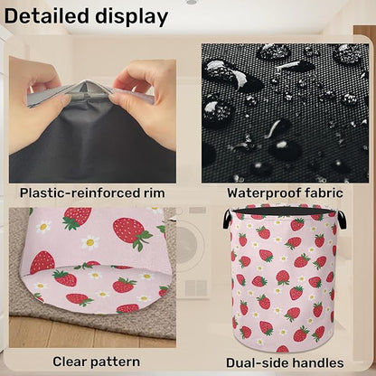 Cute Pink Strawberry Laundry Basket, Extra Large Foldable Hamper