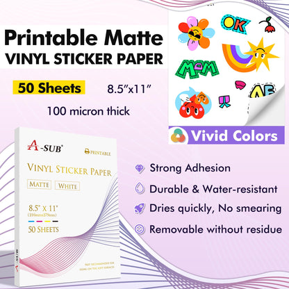 A-SUB Premium Printable Vinyl Sticker Paper for Inkjet Printers, 50 Sheets Matte White Waterproof Sticker Paper 8.5x11 Inch for Making Your Own Stickers at Home