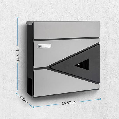 Wall-Mount Mailbox for House Outside, Security Drop Box with Lock and Keys, Steel Metal Mail Box with Newspaper Compartment, 14.57 x 14.57 x 4.33 Inch, Grey & Black, MD039 X-Large