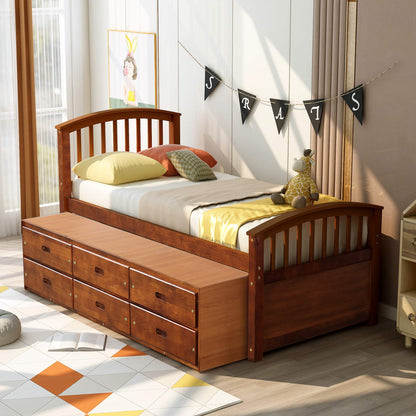 Merax Solid Wood Storage Bed with 6 Drawers, Wooden Slat Support, No Box Spring Needed