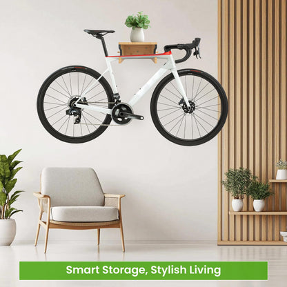 MTGSTOCL Wooden Bike Wall Mount with Shelf & 4 Hooks, Horizontal Bicycle Rack for Garage & Home, Scratch-Free Storage Holder for Road/Mountain Bikes, Space Saving & Easy Install